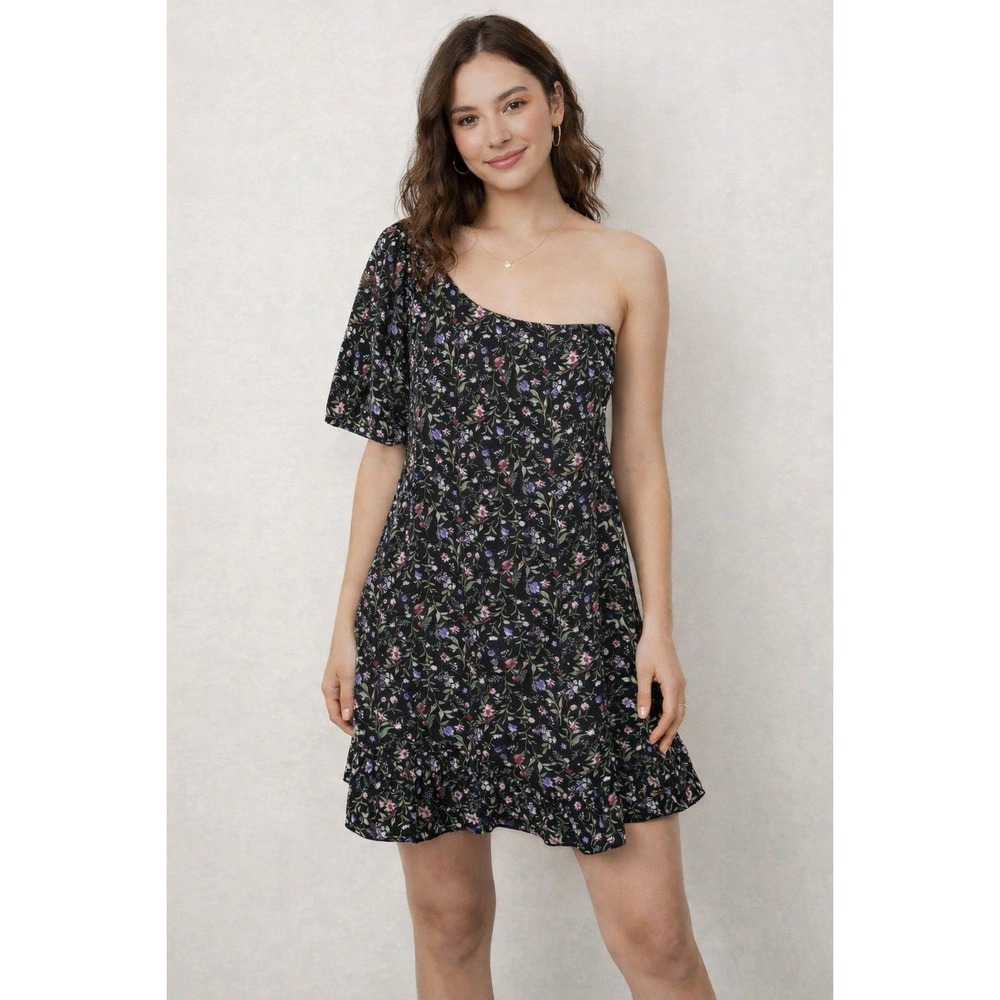 French Grey Black Floral One Shouldera  Asymmetrical Ruffle Dress Size Large